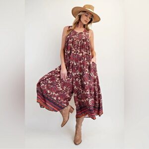 New: Easel Boho Floral Wide-Leg Jumpsuit in Burgundy & Rust•Medium
